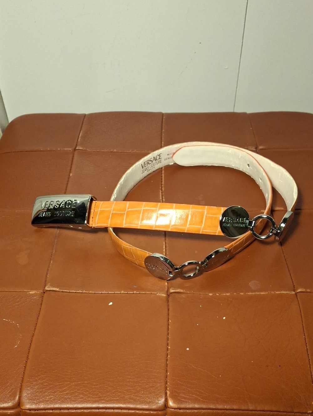 Versace Orange Croc-Embossed Leather Belt with Branded Hardware